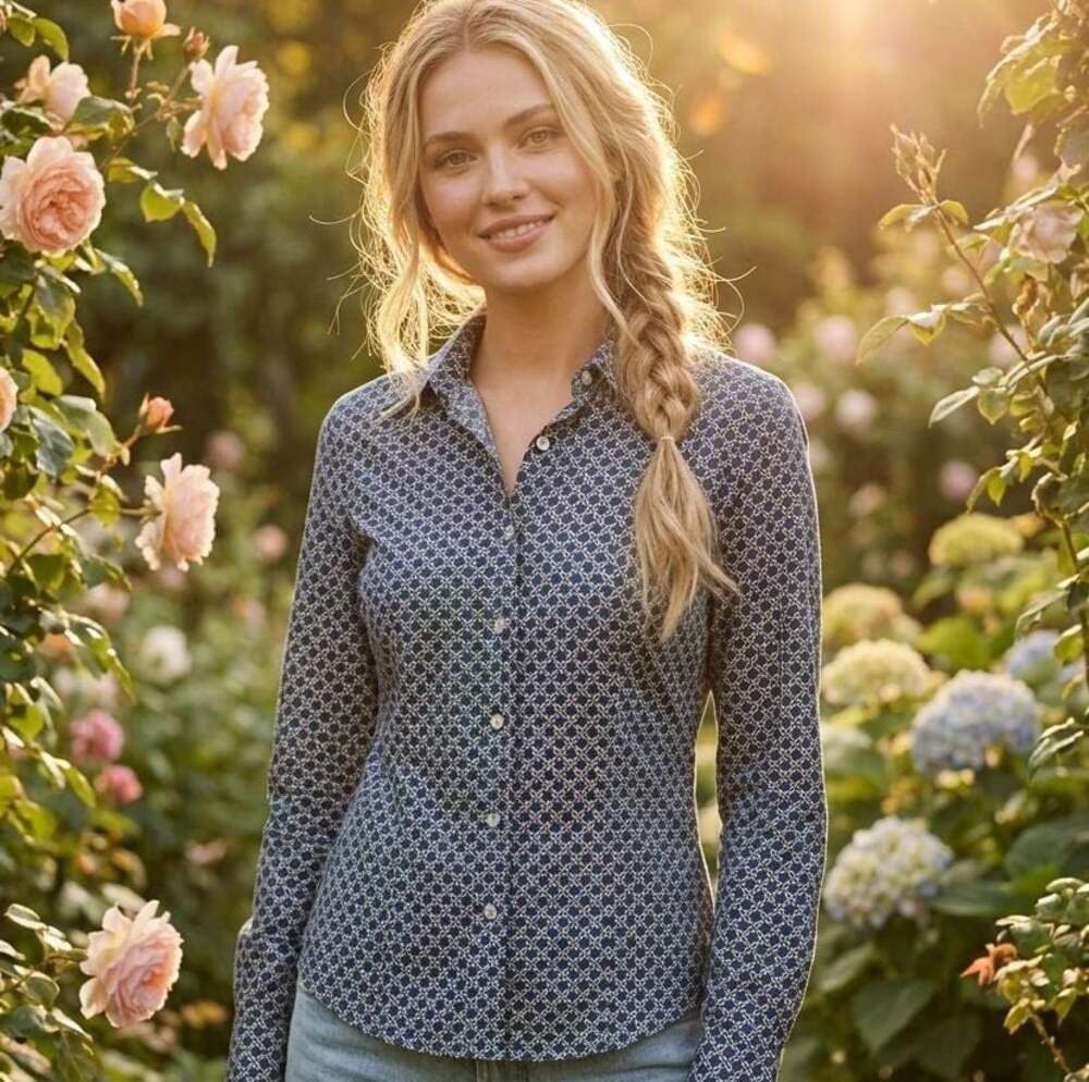 NEW Rockies Cotton Women's Blue Geometric Print Button Down Shirt Size S